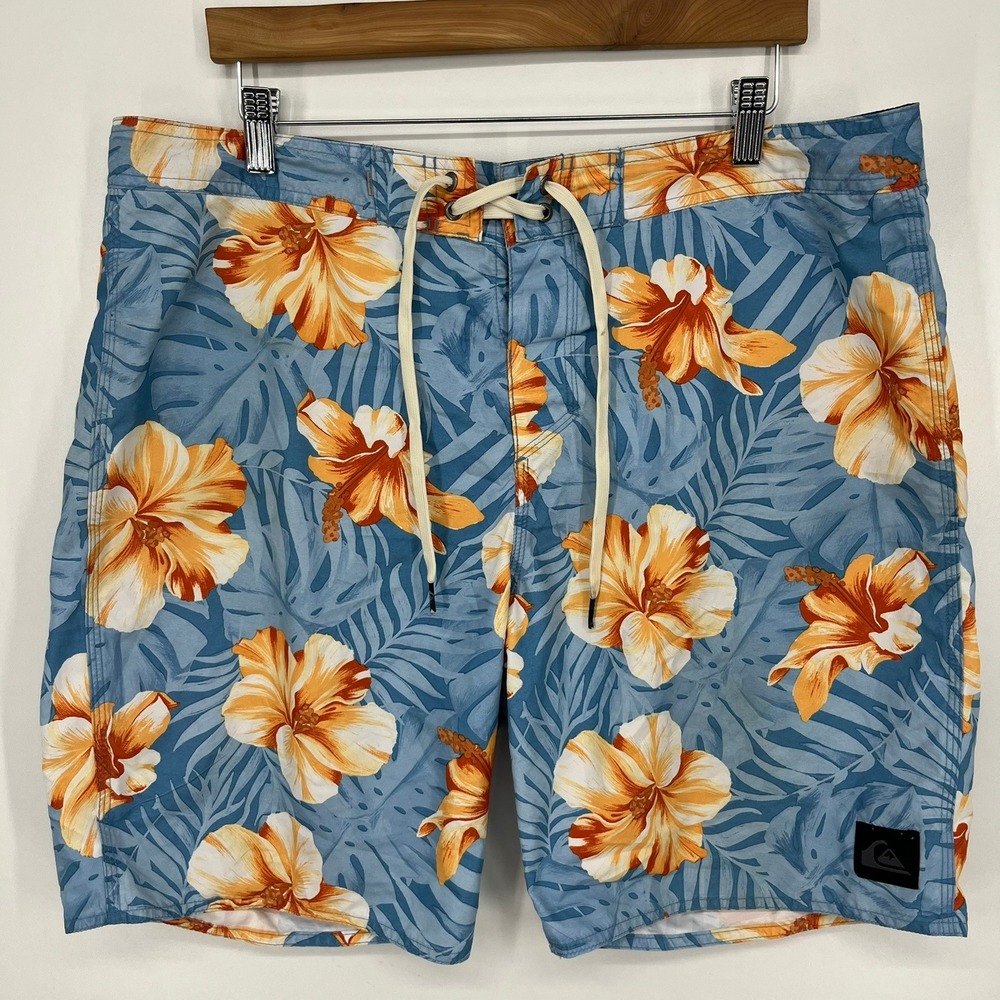 Quiksilver Mens Blue Orange Hibiscus Tropical Boardshorts Swim Trunks Size 36